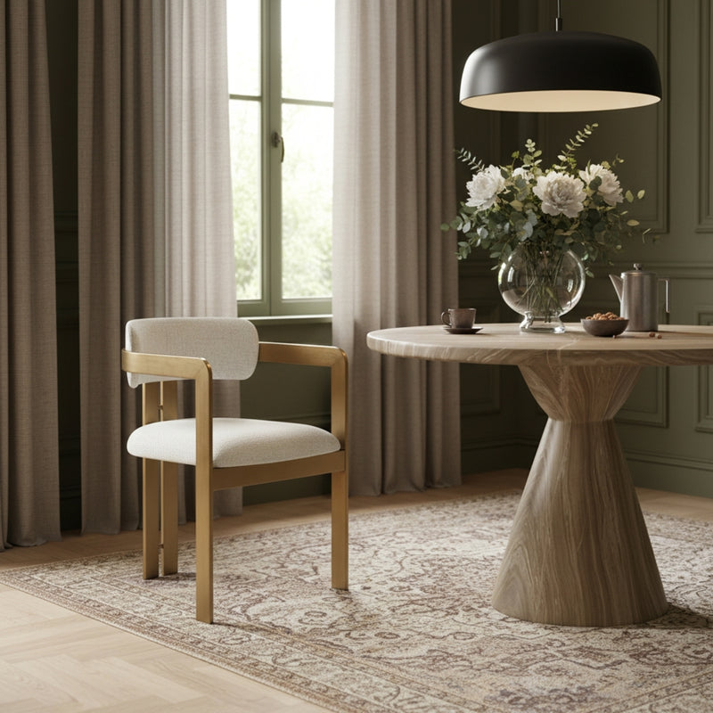 Aurum Linen Textured Fabric Upholstered And Brushed Brass Iron Frame Dining Chair in Cream, Set of 2 - 88088Cream-C