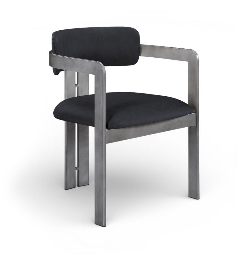 Aurum Vegan Leather Upholstered And Brushed Silver Iron Frame Dining Chair in Black, Set of 2 - 88092Black-C