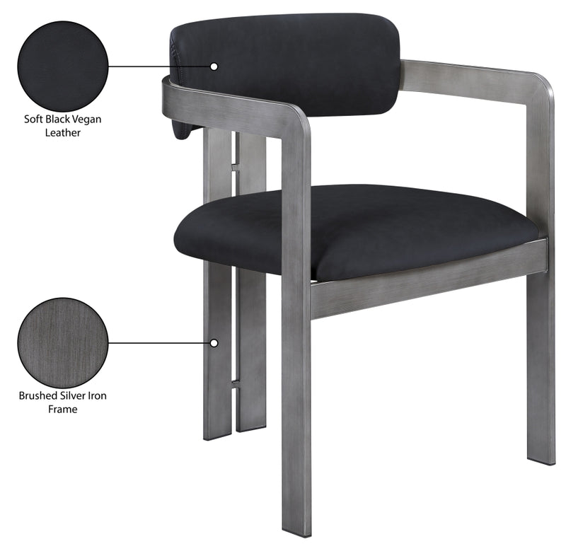 Aurum Vegan Leather Upholstered And Brushed Silver Iron Frame Dining Chair in Black, Set of 2 - 88092Black-C