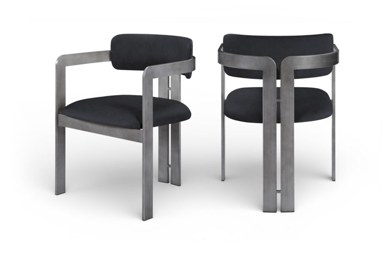 Aurum Vegan Leather Upholstered And Brushed Silver Iron Frame Dining Chair in Black, Set of 2 - 88092Black-C