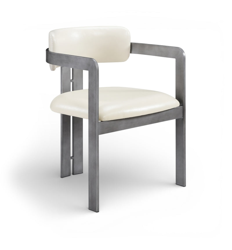 Aurum Vegan Leather Upholstered And Brushed Silver Iron Frame Dining Chair in Cream, Set of 2 - 88092Cream-C