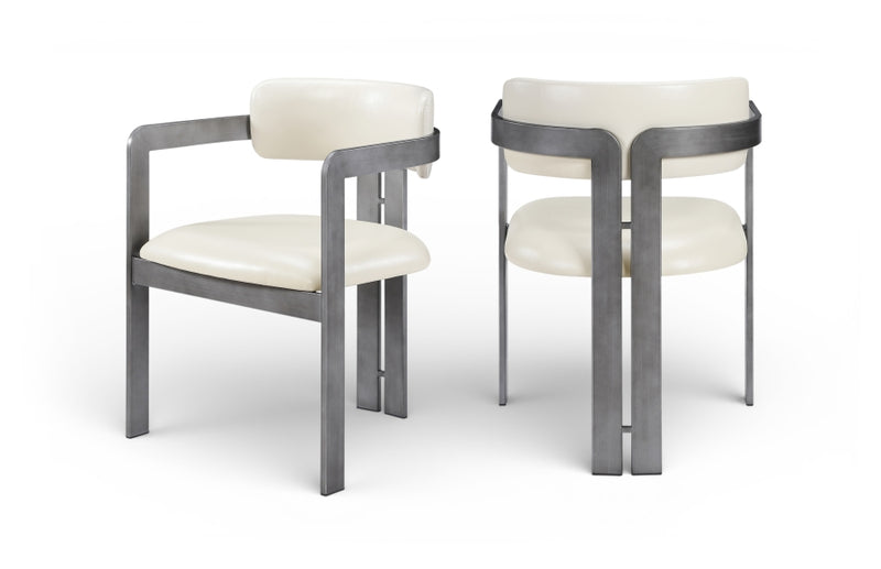 Aurum Vegan Leather Upholstered And Brushed Silver Iron Frame Dining Chair in Cream, Set of 2 - 88092Cream-C