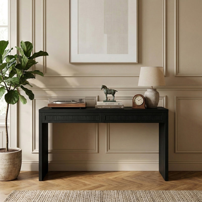 Avro Cane, Solid Wood And Oak Veneer Desk in Black - 77051Black-T
