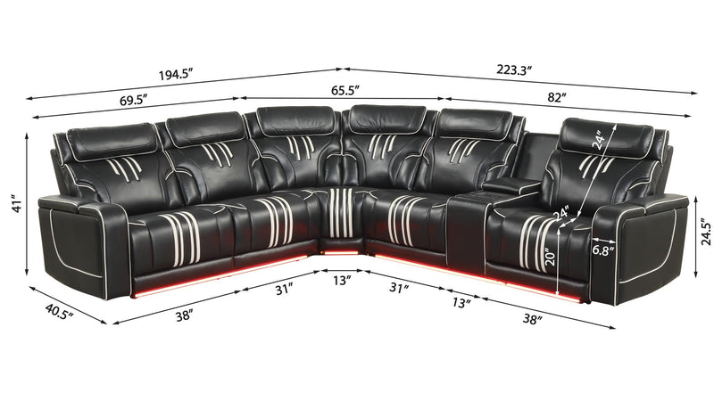 Axiom - Black Power Recliner Sectional with Power Headrest, Storage Console, Wireless Charger, Hidden Cup Holder, Storage Armrest, Immersive Sound Speakers and Seating, RGB Interactive LED, Zero Gravity and USB Charger - CS832-Sectional-Black