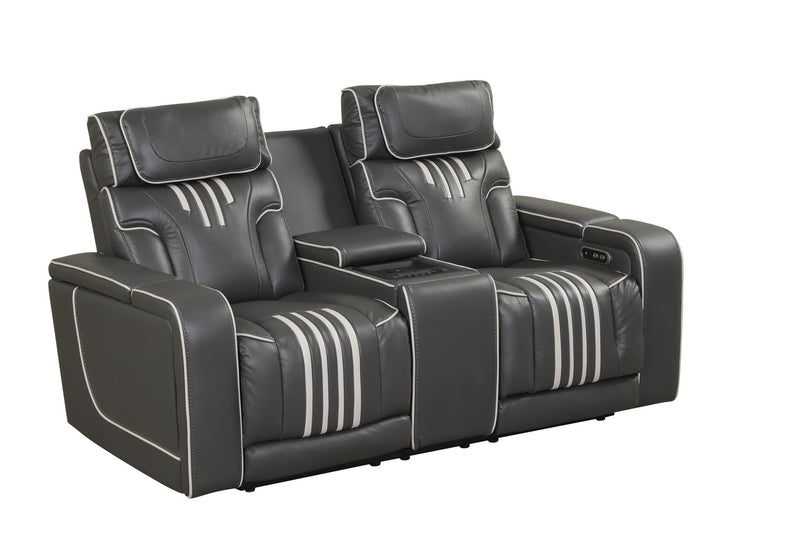 Axiom - Gray Power Recliner Loveseat with Power Headrest, Storage Console, Wireless Charger, Zero Gravity, Hidden Integrated Bluetooth sound system, Decorative top stitching, Storage Armrest, Pull-Out Cup Holder and USB Charger - L658-L