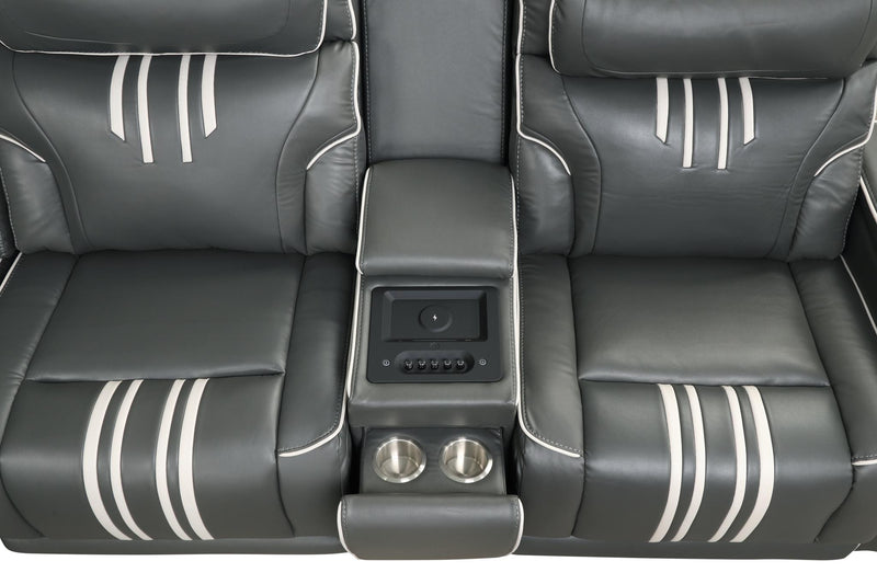 Axiom - Gray Power Recliner Sectional with Power Headrest, Storage Console, Wireless Charger, Hidden Cup Holder, Storage Armrest, Immersive Sound Speakers and Seating, RGB Interactive LED, Zero Gravity and USB Charger - S435-Sectional