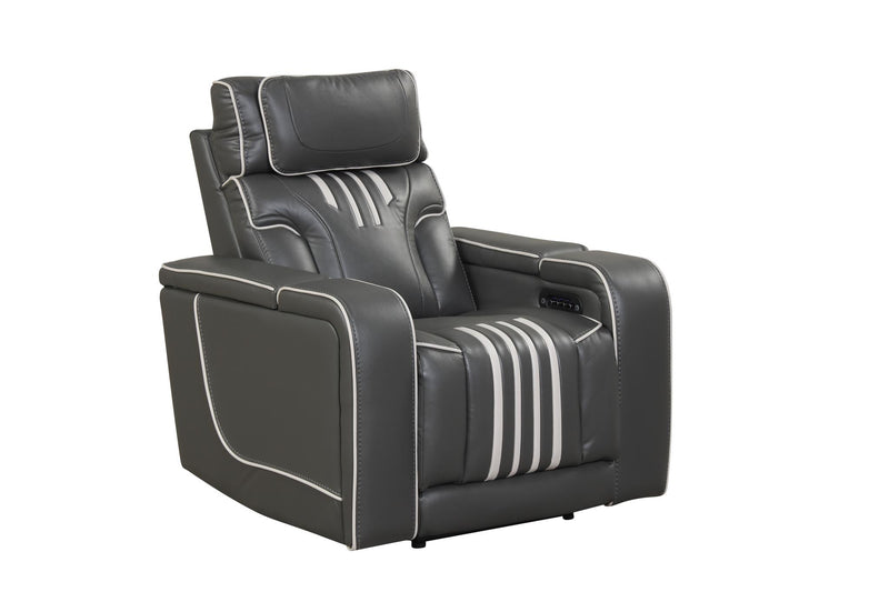 Axiom - Gray Power Recliner with Power Headrest, Hidden Integrated Bluetooth sound system, Decorative top stitching, Zero Gravity, Storage Armrest and USB Charger - L658-R