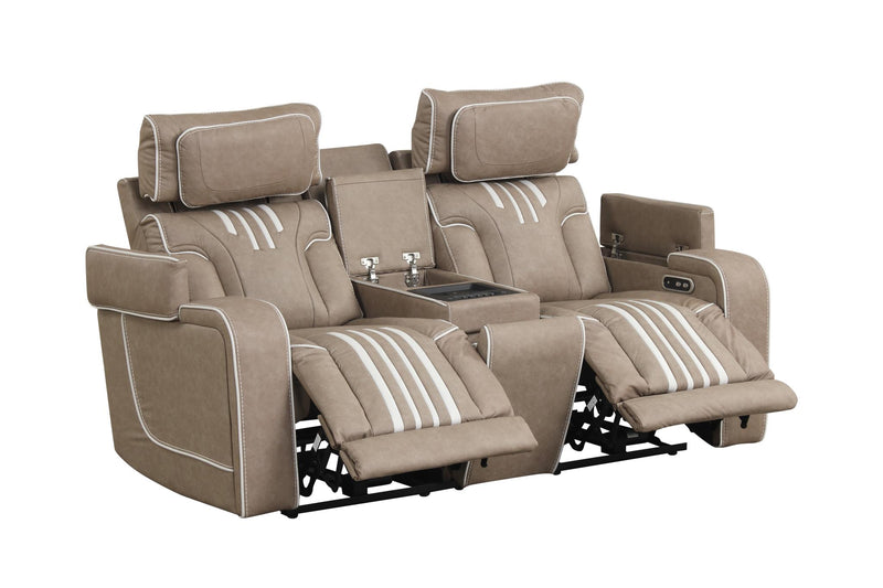 Axiom - Light Brown Power Recliner Loveseat with Power Headrest, Storage Console, Wireless Charger, Zero Gravity, Hidden Integrated Bluetooth sound system, Decorative top stitching, Storage Armrest, Pull-Out Cup Holder and USB Charger - L659-L