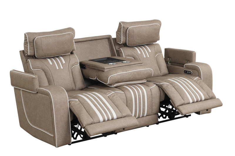 Axiom - Light Brown Power Recliner Sofa with Power Headrest, Drop-Down Table, Cup Holder, Integrated Bluetooth sound system, Decorative top stitching, Zero Gravity, Storage Armrest and USB Charger - L659-S