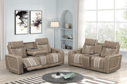 Axiom - Light Brown Power Recliner Sofa with Power Headrest, Drop-Down Table, Cup Holder, Integrated Bluetooth sound system, Decorative top stitching, Zero Gravity, Storage Armrest and USB Charger - L659-S