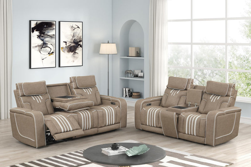 Axiom - Light Brown Power Reclining, Power Headrest, Storage Console, Wireless Charger, Zero Gravity, Drop-Down Table, Cup Holder, Integrated Bluetooth sound system, Decorative top stitching, Storage Armrest, Cup Holder and USB Charger - L659-SL
