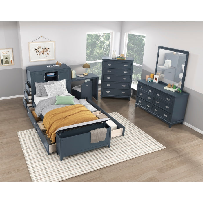 B2024BUBC-1* (2) Twin Bookcase Platform Bed with Hidden Desk, Stool and Storage Bench - B2024BUBC-1*