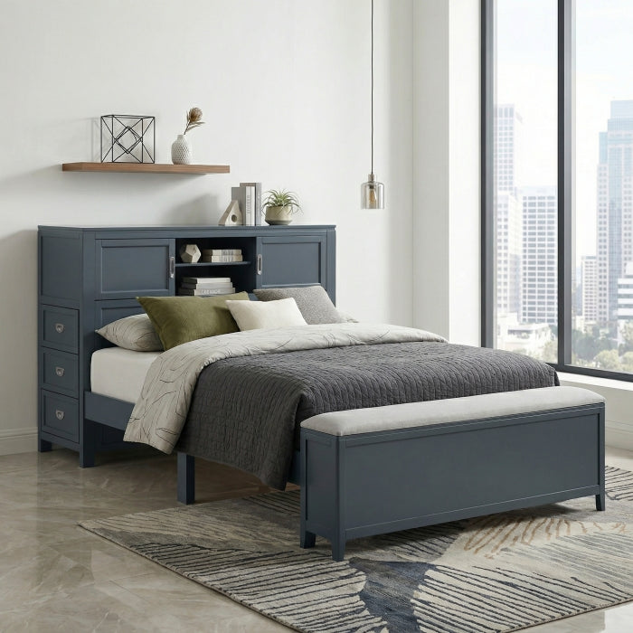B2024BUBCF-1* (2) Full Bookcase Platform Bed with Hidden Desk, Stool and Storage Bench - B2024BUBCF-1*