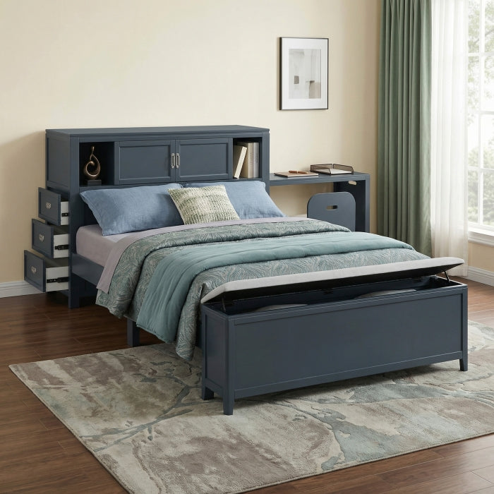 B2024BUBCF-1* (2) Full Bookcase Platform Bed with Hidden Desk, Stool and Storage Bench - B2024BUBCF-1*