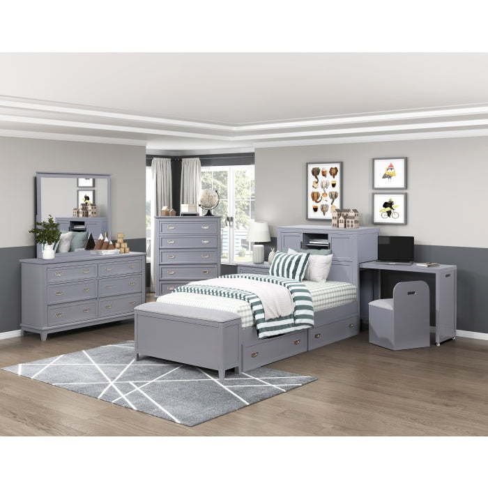 B2024GYBC-1* (2) Twin Bookcase Platform Bed with Hidden Desk, Stool and Storage Bench - B2024GYBC-1*