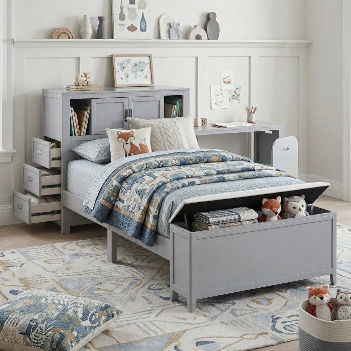 B2024GYBC-1* (2) Twin Bookcase Platform Bed with Hidden Desk, Stool and Storage Bench - B2024GYBC-1*
