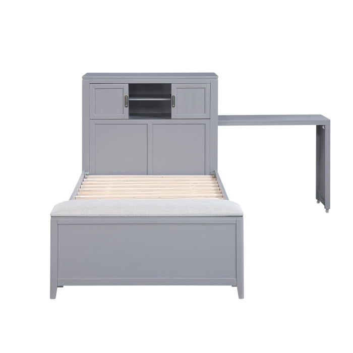 B2024GYBC-1* (2) Twin Bookcase Platform Bed with Hidden Desk, Stool and Storage Bench - B2024GYBC-1*