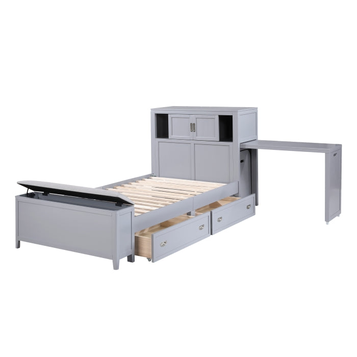 B2024GYBC-1* (2) Twin Bookcase Platform Bed with Hidden Desk, Stool and Storage Bench - B2024GYBC-1*