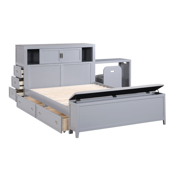 B2024GYBCF-1* (2) Full Bookcase Platform Bed with Hidden Desk, Stool and Storage Bench - B2024GYBCF-1*