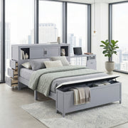 B2024GYBCF-1* (2) Full Bookcase Platform Bed with Hidden Desk, Stool and Storage Bench - B2024GYBCF-1*