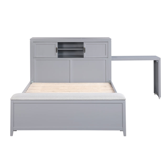 B2024GYBCF-1* (2) Full Bookcase Platform Bed with Hidden Desk, Stool and Storage Bench - B2024GYBCF-1*