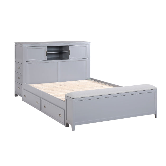 B2024GYBCF-1* (2) Full Bookcase Platform Bed with Hidden Desk, Stool and Storage Bench - B2024GYBCF-1*