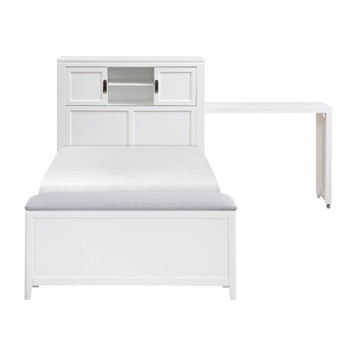 B2024WHBC-1* (2) Twin Bookcase Platform Bed with Hidden Desk, Stool and Storage Bench - B2024WHBC-1*