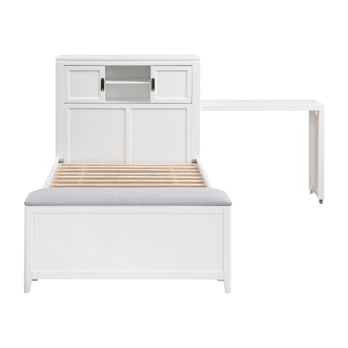 B2024WHBC-1* (2) Twin Bookcase Platform Bed with Hidden Desk, Stool and Storage Bench - B2024WHBC-1*