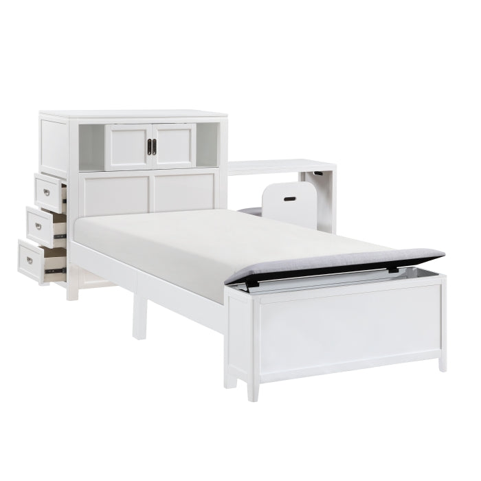 B2024WHBC-1* (2) Twin Bookcase Platform Bed with Hidden Desk, Stool and Storage Bench - B2024WHBC-1*