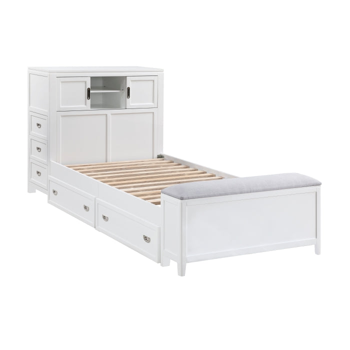 B2024WHBC-1* (2) Twin Bookcase Platform Bed with Hidden Desk, Stool and Storage Bench - B2024WHBC-1*