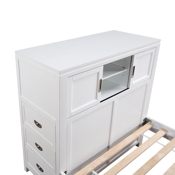 B2024WHBC-1* (2) Twin Bookcase Platform Bed with Hidden Desk, Stool and Storage Bench - B2024WHBC-1*