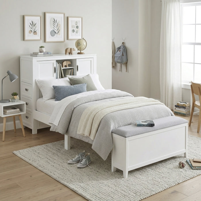 B2024WHBC-1* (2) Twin Bookcase Platform Bed with Hidden Desk, Stool and Storage Bench - B2024WHBC-1*