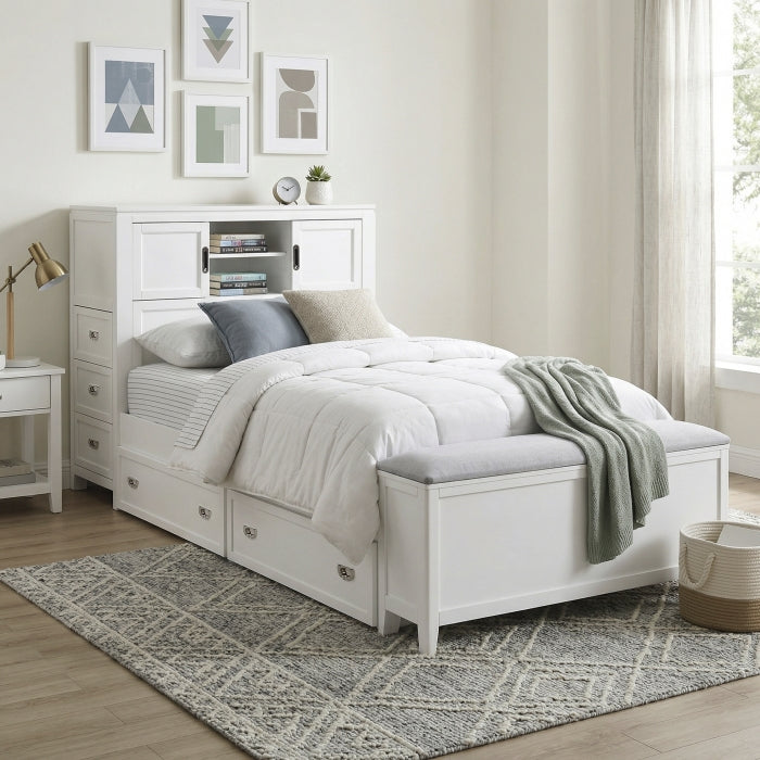 B2024WHBC-1* (2) Twin Bookcase Platform Bed with Hidden Desk, Stool and Storage Bench - B2024WHBC-1*