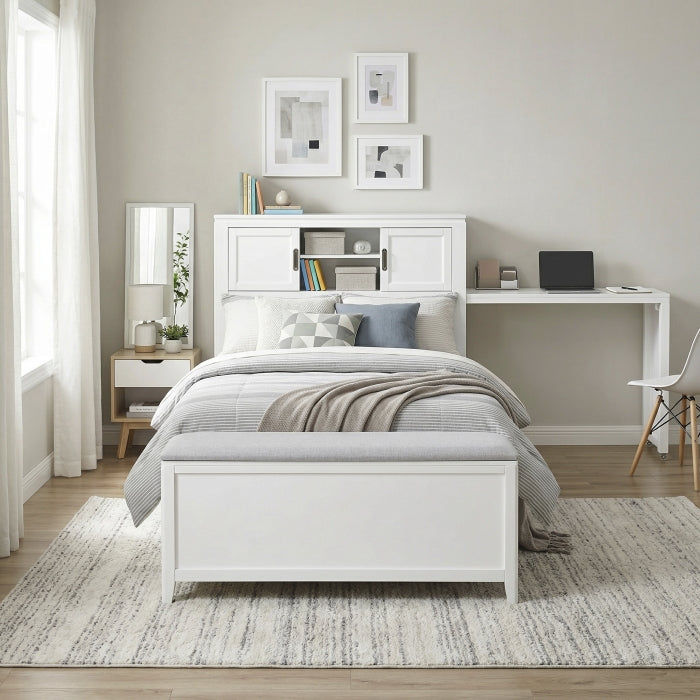 B2024WHBC-1* (2) Twin Bookcase Platform Bed with Hidden Desk, Stool and Storage Bench - B2024WHBC-1*