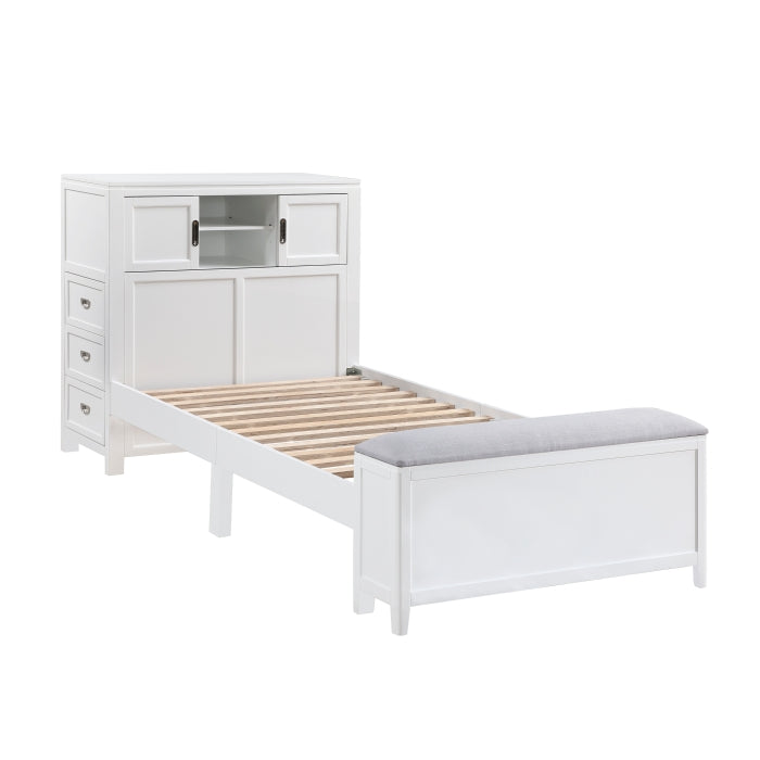 B2024WHBC-1* (2) Twin Bookcase Platform Bed with Hidden Desk, Stool and Storage Bench - B2024WHBC-1*