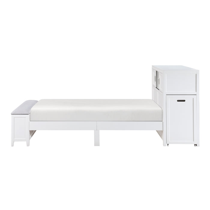 B2024WHBC-1* (2) Twin Bookcase Platform Bed with Hidden Desk, Stool and Storage Bench - B2024WHBC-1*