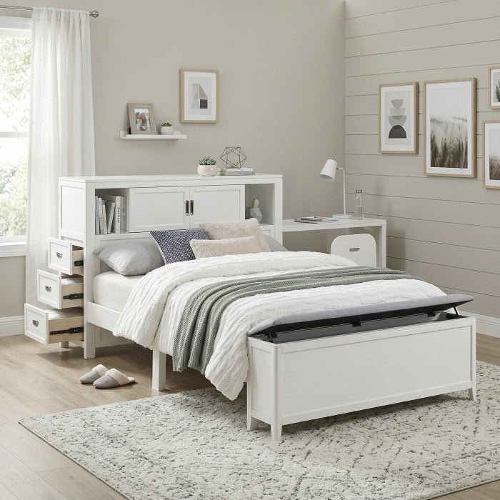 B2024WHBCF-1* (2) Full Bookcase Platform Bed with Hidden Desk, Stool and Storage Bench - B2024WHBCF-1*