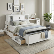 B2024WHBCF-1* (2) Full Bookcase Platform Bed with Hidden Desk, Stool and Storage Bench - B2024WHBCF-1*