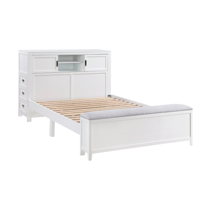B2024WHBCF-1* (2) Full Bookcase Platform Bed with Hidden Desk, Stool and Storage Bench - B2024WHBCF-1*