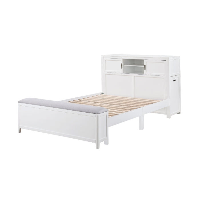 B2024WHBCF-1* (2) Full Bookcase Platform Bed with Hidden Desk, Stool and Storage Bench - B2024WHBCF-1*