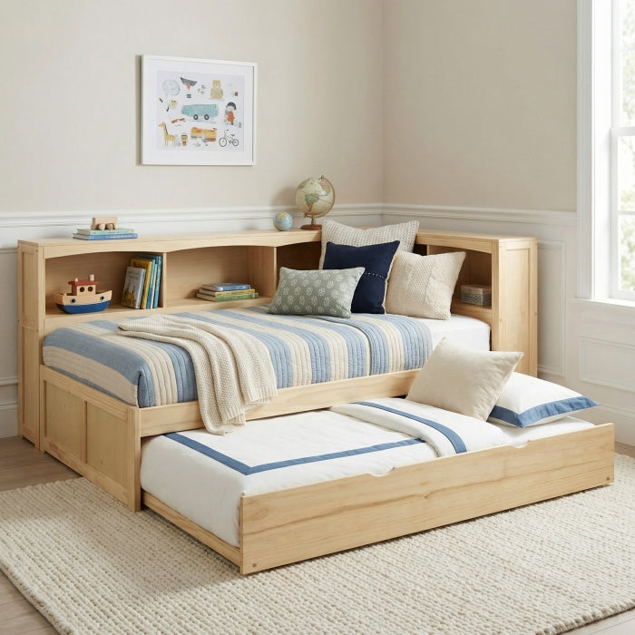 B2043BC-1BCR* (4) Twin Bookcase Corner Platform Bed with Twin Trundle - B2043BC-1BCR*