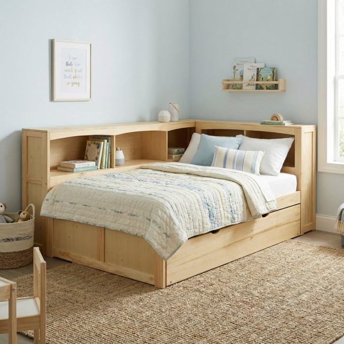 B2043BC-1BCR* (4) Twin Bookcase Corner Platform Bed with Twin Trundle - B2043BC-1BCR*