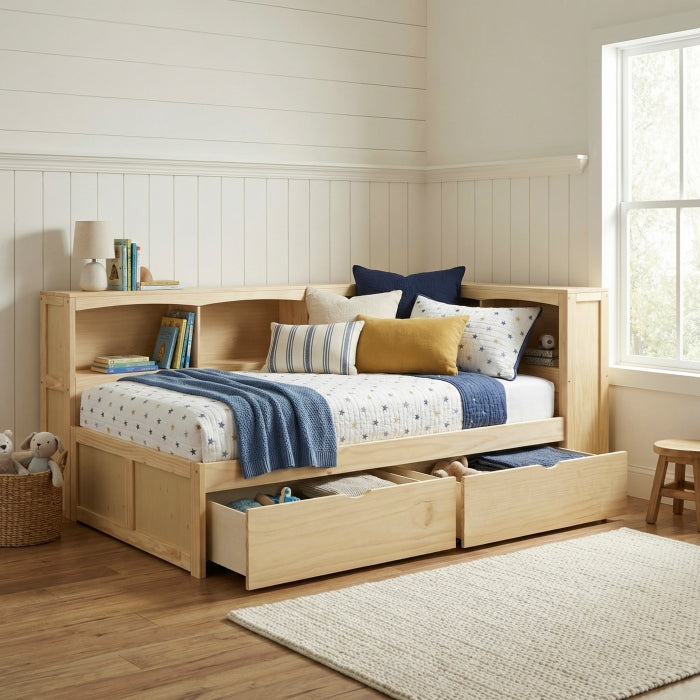 B2043BC-1BCT* (4) Twin Bookcase Corner Platform Bed with Storage Boxes - B2043BC-1BCT*