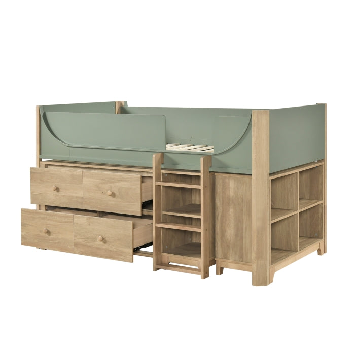 B2048GNLT-1*2BCDR (6) Low Loft Bed with 2-Shelf Bookcase, 4-Shelf Bookcase and Dresser - B2048GNLT-1*2BCDR