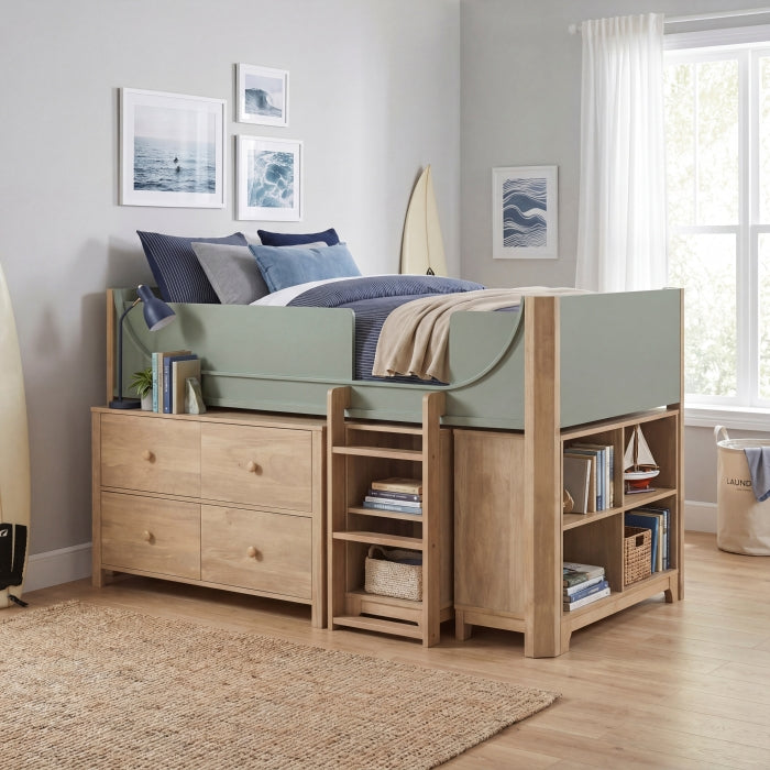 B2048GNLT-1*2BCDR (6) Low Loft Bed with 2-Shelf Bookcase, 4-Shelf Bookcase and Dresser - B2048GNLT-1*2BCDR