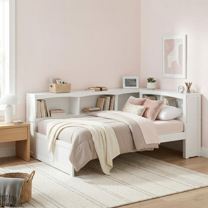 B2053BCW-1BC* (3) Twin Bookcase Corner Platform Bed - B2053BCW-1BC*