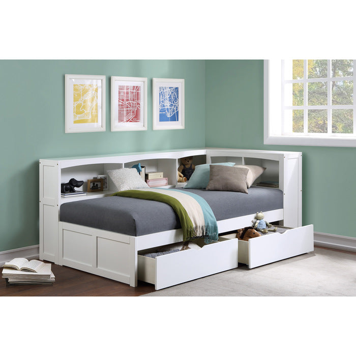 B2053BCW-1BCT* (4) Twin Bookcase Corner Platform Bed with Storage Boxes - B2053BCW-1BCT*