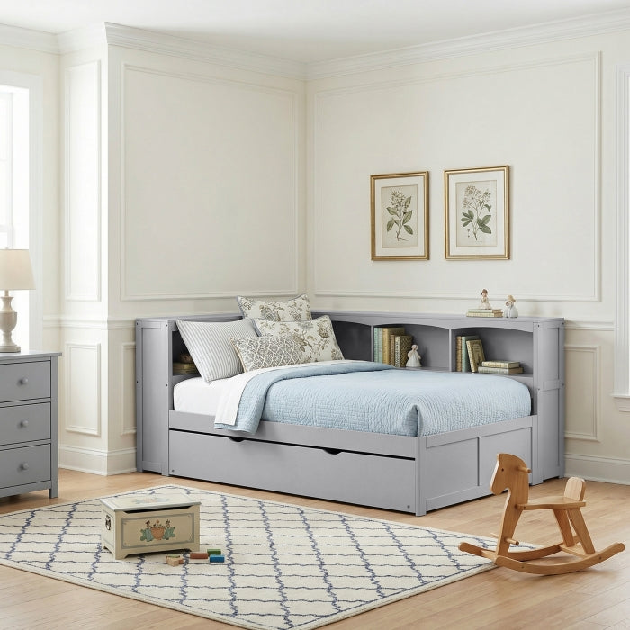 B2063BC-1BCR* (4) Twin Bookcase Corner Platform Bed with Twin Trundle - B2063BC-1BCR*