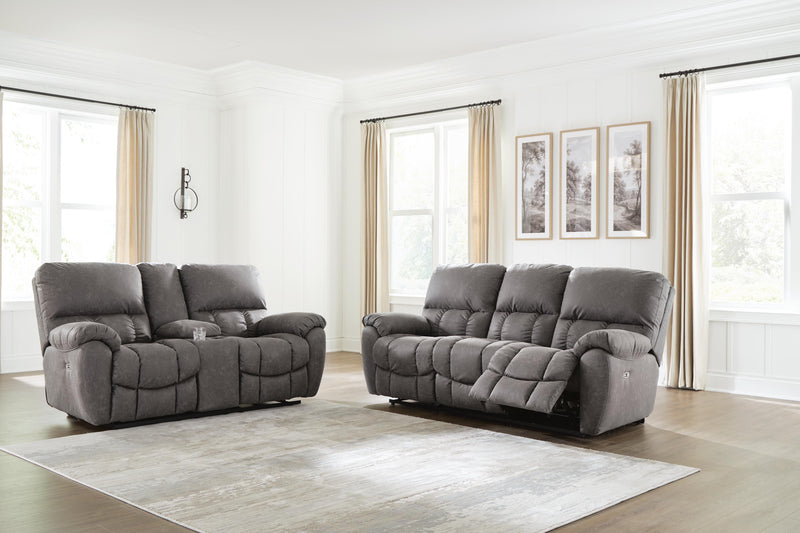 Bakerstein Reclining Sofa and Reclining Loveseat with Console in Galaxy - PKG027166