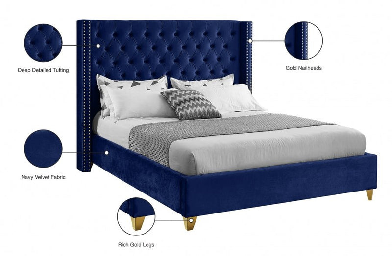 Barolo Velvet Queen Bed Blue - Gate FurnitureQueen Bed